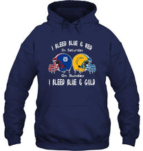 Load image into Gallery viewer, I bleed Fresno State Bulldogs blue &amp; red on saturday sunday I bleed Los Angeles Chargers gold &amp; blue shirt