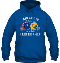 Load image into Gallery viewer, I bleed Fresno State Bulldogs blue &amp; red on saturday sunday I bleed Los Angeles Chargers gold &amp; blue shirt