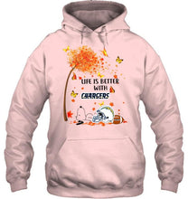 Load image into Gallery viewer, Life is better with los angeles chargers snoopy sleeping under autumn tree shirt
