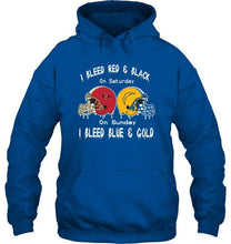 Load image into Gallery viewer, I bleed San Diego State Aztecs red &amp; black on saturday sunday I bleed Los Angeles Chargers gold &amp; blue shirt