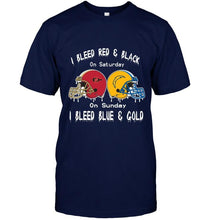 Load image into Gallery viewer, I bleed San Diego State Aztecs red &amp; black on saturday sunday I bleed Los Angeles Chargers gold &amp; blue shirt