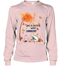 Load image into Gallery viewer, Life is better with los angeles chargers snoopy sleeping under autumn tree shirt