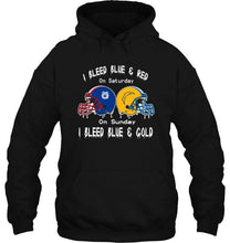 Load image into Gallery viewer, I bleed Fresno State Bulldogs blue &amp; red on saturday sunday I bleed Los Angeles Chargers gold &amp; blue shirt