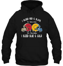 Load image into Gallery viewer, I bleed San Diego State Aztecs red &amp; black on saturday sunday I bleed Los Angeles Chargers gold &amp; blue shirt