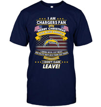 Load image into Gallery viewer, Los Angeles Chargers fan Say merry christmas drink beer eat meat salute our flag if offend you I don't care shirt