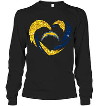 Load image into Gallery viewer, Los Angeles Chargers heart love golden glitter pattern hurricane shirt