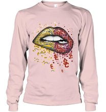 Load image into Gallery viewer, Los Angeles Chargers and USC Trojans glitter pattern sexy lips t shirt