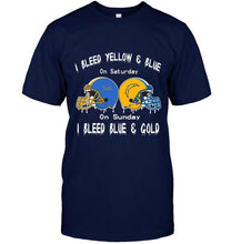 Load image into Gallery viewer, I bleed UCLA Bruins yellow &amp; blue on saturday sunday I bleed Los Angeles Chargers gold &amp; blue shirt