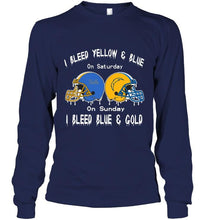 Load image into Gallery viewer, I bleed UCLA Bruins yellow &amp; blue on saturday sunday I bleed Los Angeles Chargers gold &amp; blue shirt
