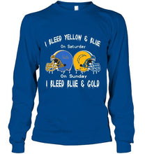 Load image into Gallery viewer, I bleed UCLA Bruins yellow &amp; blue on saturday sunday I bleed Los Angeles Chargers gold &amp; blue shirt