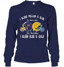 Load image into Gallery viewer, I bleed California Golden Bears yellow &amp; blue on saturday sunday I bleed Los Angeles Chargers gold &amp; blue shirt