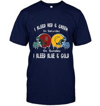 Load image into Gallery viewer, I bleed Stanford Cardinal red &amp; green on saturday sunday I bleed Los Angeles Chargers gold &amp; blue shirt