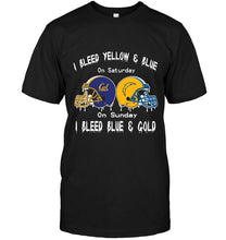 Load image into Gallery viewer, I bleed California Golden Bears yellow &amp; blue on saturday sunday I bleed Los Angeles Chargers gold &amp; blue shirt