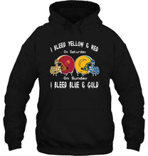 Load image into Gallery viewer, I bleed USC Trojans yellow &amp; red on saturday sunday I bleed Los Angeles Chargers gold &amp; blue shirt