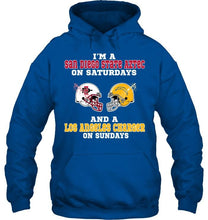 Load image into Gallery viewer, I'm San Diego State Aztec on saturdays and Los Angeles Charger on sundays shirt