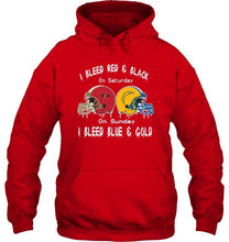 Load image into Gallery viewer, I bleed San Diego State Aztecs red &amp; black on saturday sunday I bleed Los Angeles Chargers gold &amp; blue shirt