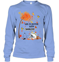 Load image into Gallery viewer, Life is better with los angeles chargers snoopy sleeping under autumn tree shirt