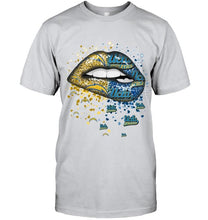 Load image into Gallery viewer, Los Angeles Chargers and UCLA Bruins glitter pattern sexy lips t shirt
