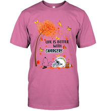Load image into Gallery viewer, Life is better with los angeles chargers snoopy sleeping under autumn tree shirt
