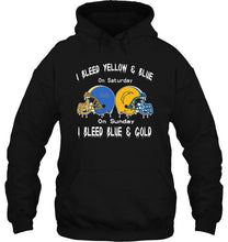 Load image into Gallery viewer, I bleed UCLA Bruins yellow &amp; blue on saturday sunday I bleed Los Angeles Chargers gold &amp; blue shirt