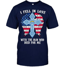 Load image into Gallery viewer, I fell in love with the man who died for me Los Angeles Chargers jesus cross wings shirt
