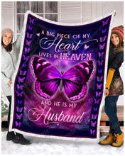 Load image into Gallery viewer, big piece of my heart lives in heaven he is my husband butterfly quilt blanket