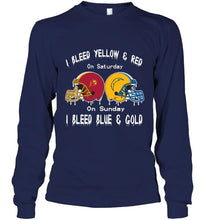 Load image into Gallery viewer, I bleed USC Trojans yellow &amp; red on saturday sunday I bleed Los Angeles Chargers gold &amp; blue shirt