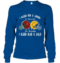 Load image into Gallery viewer, I bleed Stanford Cardinal red &amp; green on saturday sunday I bleed Los Angeles Chargers gold &amp; blue shirt