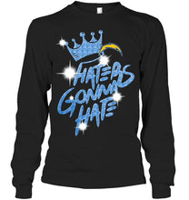 Load image into Gallery viewer, Los Angeles Chargers crown haters gonna hate glitter pattern t shirt