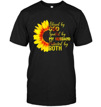 Load image into Gallery viewer, Blessed by God spoiled by my husband protected by both sunflower Black T Shirt