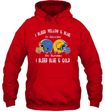 Load image into Gallery viewer, I bleed UCLA Bruins yellow &amp; blue on saturday sunday I bleed Los Angeles Chargers gold &amp; blue shirt