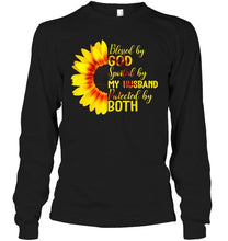 Load image into Gallery viewer, Blessed by God spoiled by my husband protected by both sunflower Black T Shirt