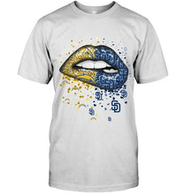 Load image into Gallery viewer, Los Angeles Chargers and San Diego Padres glitter pattern sexy lips t shirt