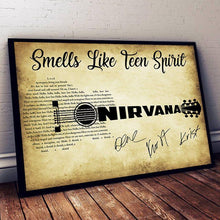 Load image into Gallery viewer, smells like teen spirit lyrics guitar typography nirvana signed poster canvas