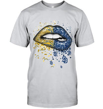 Load image into Gallery viewer, Los Angeles Chargers and San Diego Padres glitter pattern sexy lips t shirt
