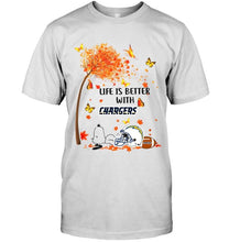 Load image into Gallery viewer, Life is better with los angeles chargers snoopy sleeping under autumn tree shirt