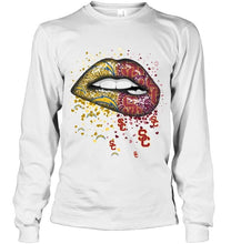 Load image into Gallery viewer, Los Angeles Chargers and USC Trojans glitter pattern sexy lips t shirt
