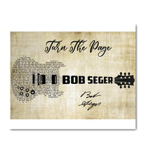Load image into Gallery viewer, Bob Seger Turn the page lyric guitar typography signed canvas