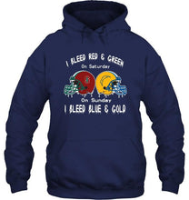 Load image into Gallery viewer, I bleed Stanford Cardinal red &amp; green on saturday sunday I bleed Los Angeles Chargers gold &amp; blue shirt
