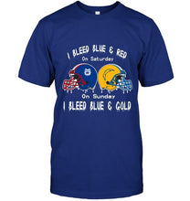 Load image into Gallery viewer, I bleed Fresno State Bulldogs blue &amp; red on saturday sunday I bleed Los Angeles Chargers gold &amp; blue shirt