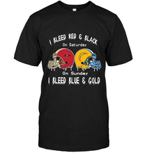 Load image into Gallery viewer, I bleed San Diego State Aztecs red &amp; black on saturday sunday I bleed Los Angeles Chargers gold &amp; blue shirt