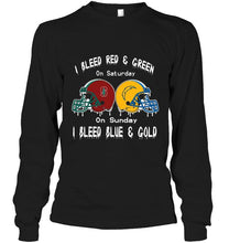 Load image into Gallery viewer, I bleed Stanford Cardinal red &amp; green on saturday sunday I bleed Los Angeles Chargers gold &amp; blue shirt