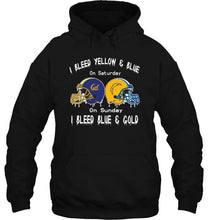 Load image into Gallery viewer, I bleed California Golden Bears yellow &amp; blue on saturday sunday I bleed Los Angeles Chargers gold &amp; blue shirt