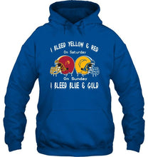 Load image into Gallery viewer, I bleed USC Trojans yellow &amp; red on saturday sunday I bleed Los Angeles Chargers gold &amp; blue shirt