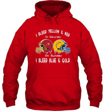 Load image into Gallery viewer, I bleed USC Trojans yellow &amp; red on saturday sunday I bleed Los Angeles Chargers gold &amp; blue shirt
