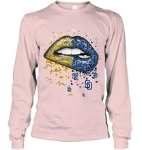 Load image into Gallery viewer, Los Angeles Chargers and San Diego Padres glitter pattern sexy lips t shirt