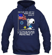 Load image into Gallery viewer, Flag does not fly because wind moves it It flies with breath of soldier died protecting it los angeles chargers snoopy shirt