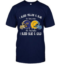 Load image into Gallery viewer, I bleed California Golden Bears yellow &amp; blue on saturday sunday I bleed Los Angeles Chargers gold &amp; blue shirt