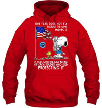 Load image into Gallery viewer, Flag does not fly because wind moves it It flies with breath of soldier died protecting it los angeles chargers snoopy shirt