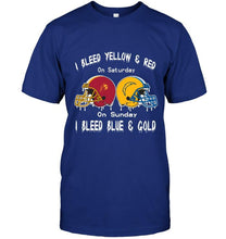 Load image into Gallery viewer, I bleed USC Trojans yellow &amp; red on saturday sunday I bleed Los Angeles Chargers gold &amp; blue shirt